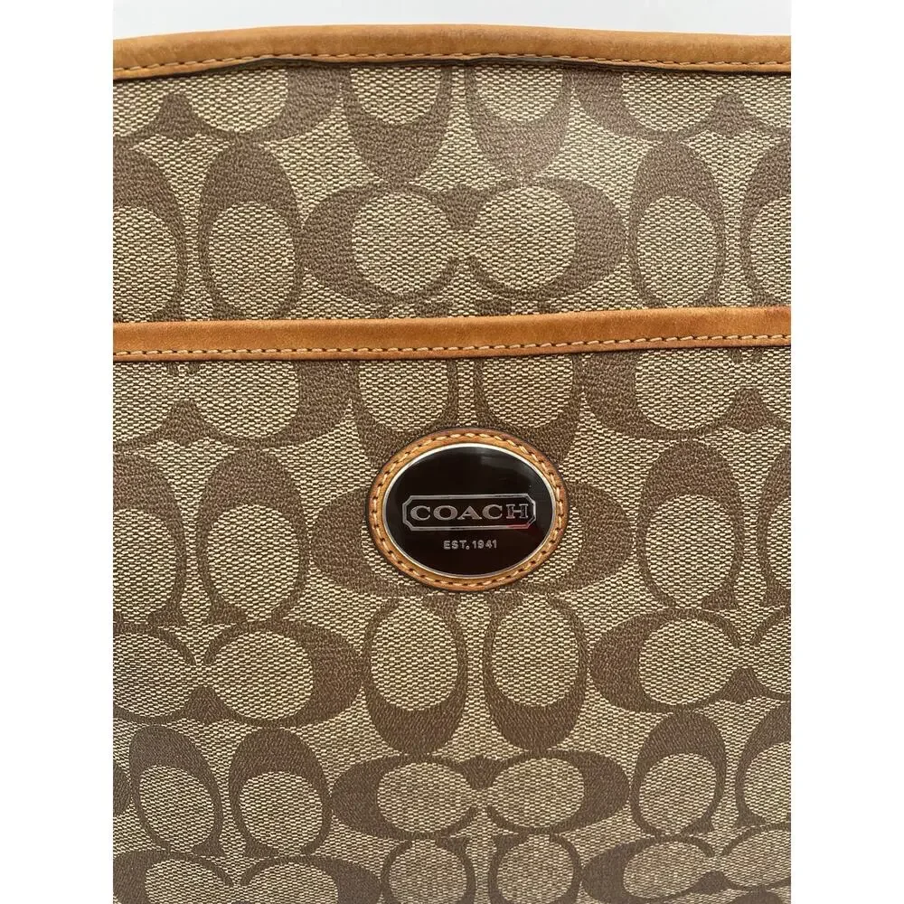Coach Peyton Signature Pocket Tote Messenger Bag Tan Brown Crossbody Strap